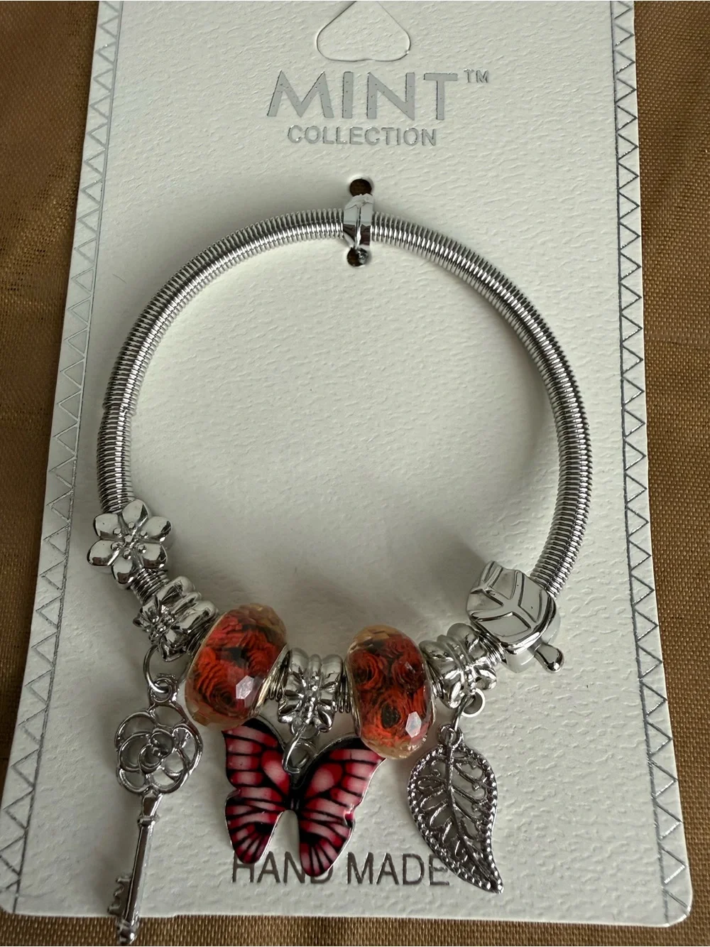 Mint Silver-Tone Charm Bracelet with Red-Pink Butterfly and Orange Beads